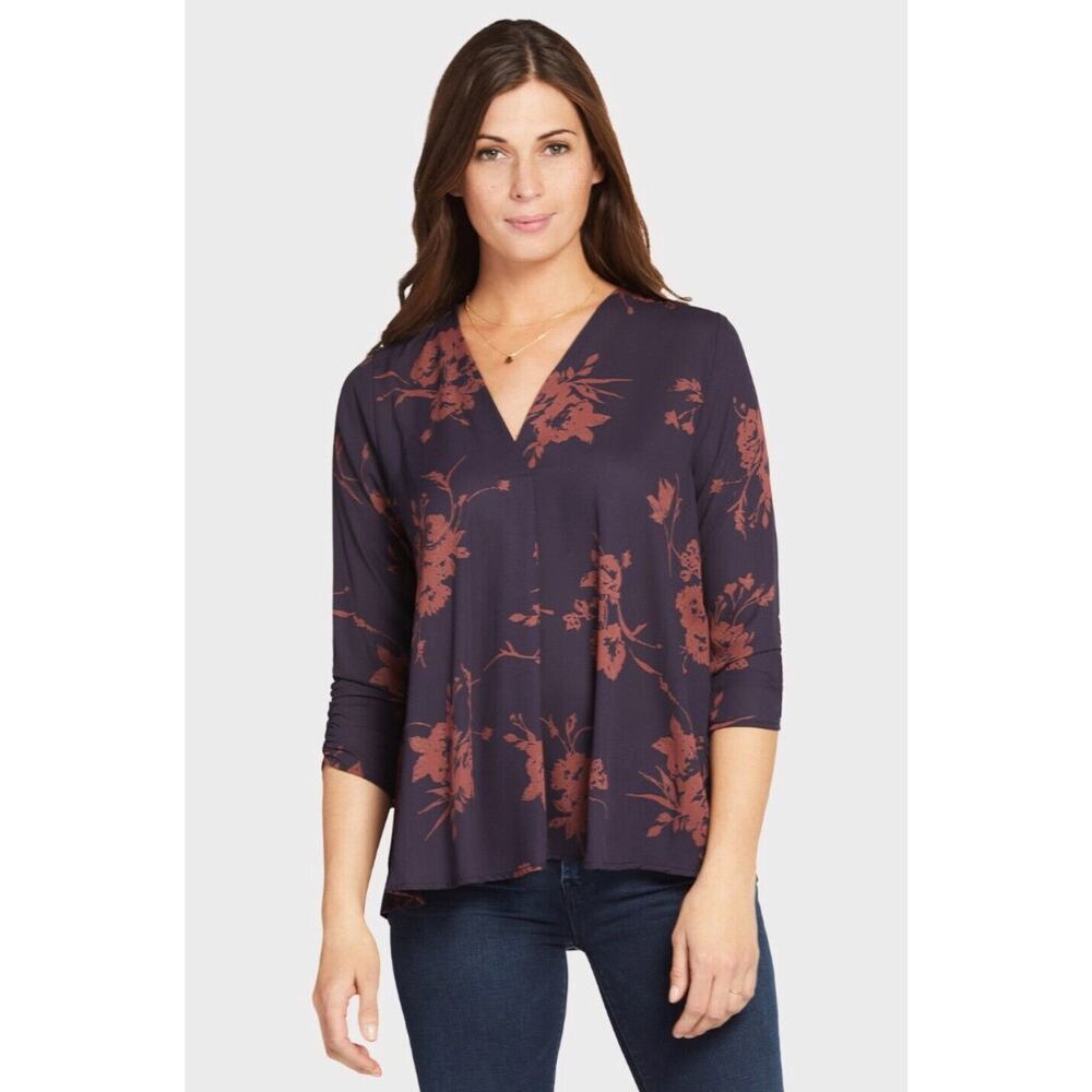 Evereve Allison Joy Alexa Crossover Top Navy & Brown Floral 3/4 Sleeve VNeck XS
